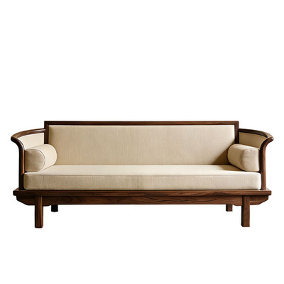 宋式美学实木布艺直排三人位沙发