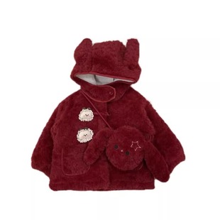 女童毛毛衣外套冬季兔耳朵连帽加厚毛绒包包可爱女孩毛呢大衣儿童
