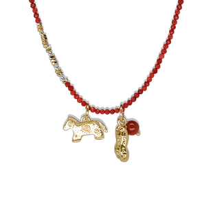 LAZY CIRCLES黑碧玺好事花生小象项链女红色新年礼物可拆卸多吊坠