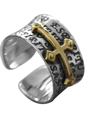 开口复古十字架金色男戒指