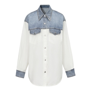 FF仿佛外套女2025年春季新款休闲纯棉上衣简约宽松牛仔拼接白衬衫