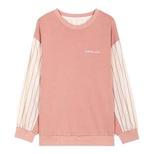 a022025秋新款拼接条纹长袖上衣宽松慵懒圆领女式卫衣