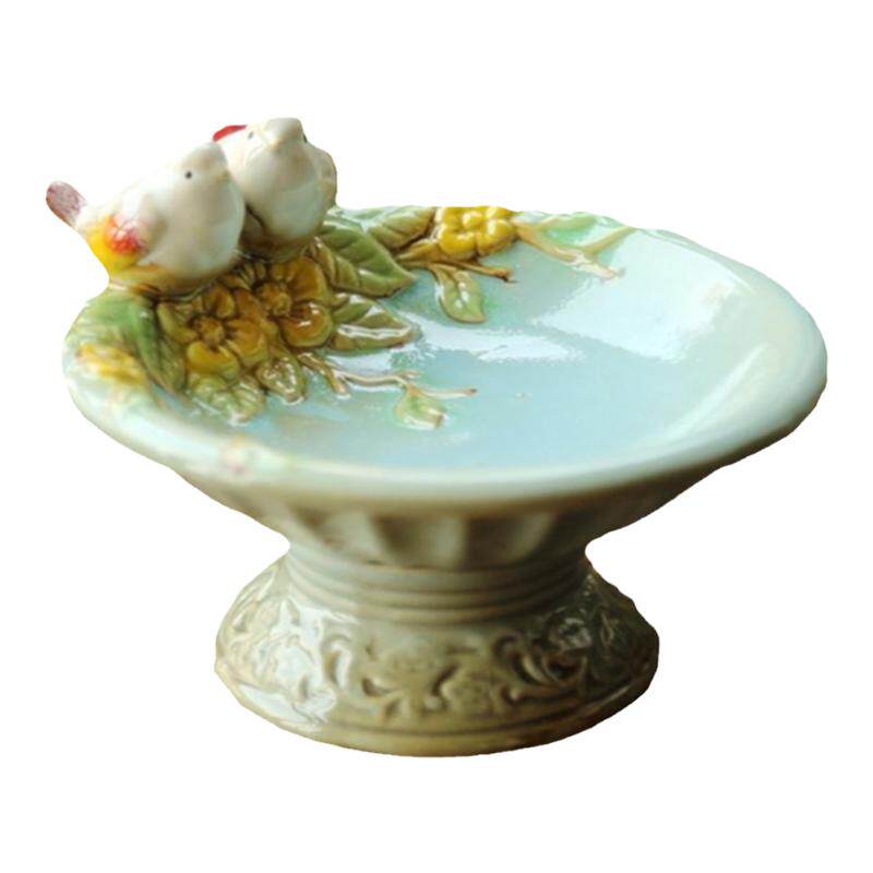 美式乡村时尚陶瓷浅蓝色对鸟花朵果盘 肥皂瓜子碟客厅桌面摆件