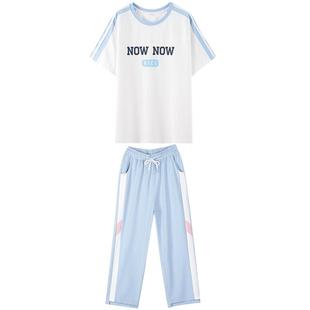 初中生运动套装七分裤T恤短袖班服2025夏季两件套少女高中生韩版