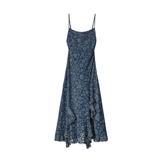 Desigual26【明星同款】春夏新品牛仔花卉印花毛边开衩吊带连衣裙