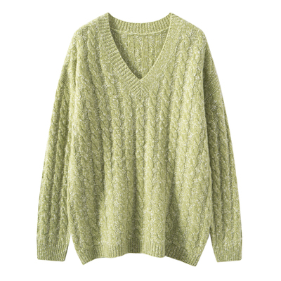 大肚花纱女V领山羊绒衫绞花麻花