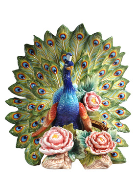 中式风陶瓷摆设釉下彩孔雀开屏