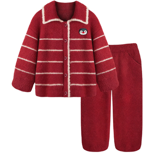 Pinksea情侣睡衣女款秋冬季半边绒保暖红色企鹅本命年家居服男士