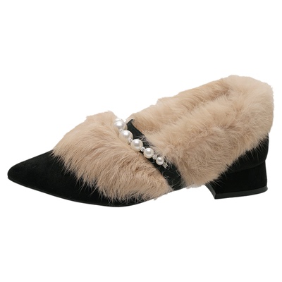 法式玛丽珍鞋女粗跟尖头毛毛鞋子