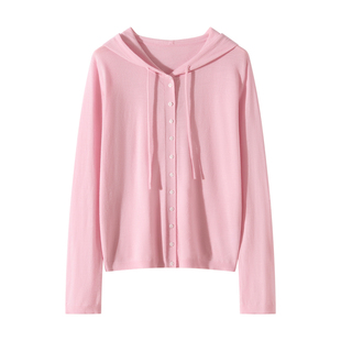 薄款18针精纺扬子纱连帽羊毛开衫女针织衫宽松显瘦百搭毛衣外套