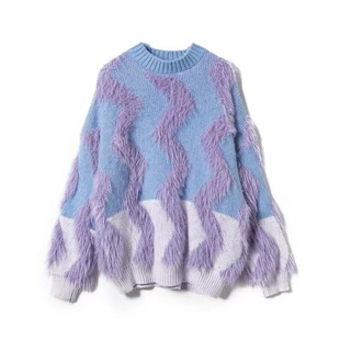 捡漏女装大牌清仓!甜美长貂毛紫色毛衣女秋冬设计感条纹针织上衣