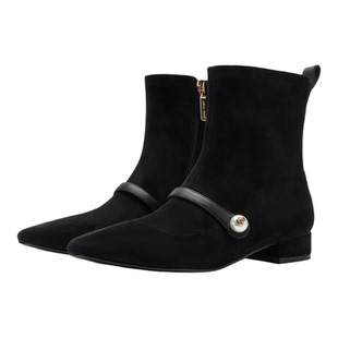 Nine West/玖熙玛丽珍粗跟短靴女磨砂侧拉链户外防滑百搭复古单靴