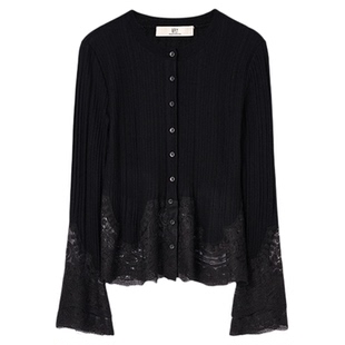 【多元蕾丝】HPLY荷比俪2026春新款绵羊毛喇叭袖蕾丝拼接羊毛衫