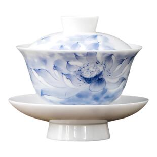 向行陶瓷手绘荷韵清闲三才盖碗茶杯防烫手单个高档定制陶瓷泡茶碗