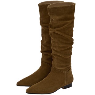 73hours女鞋纳什维尔冬季新款尖头棕色长筒西部靴显瘦堆堆靴