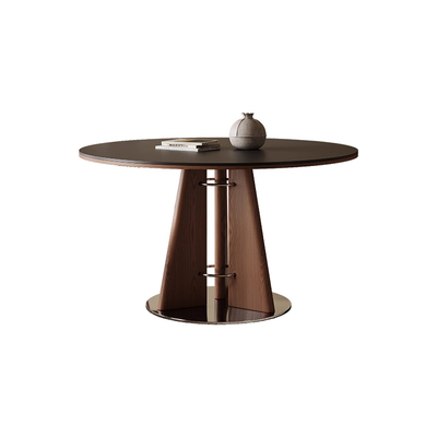 北欧实木岩板餐桌家用小户型中古设计师圆桌侘寂风复古圆形吃饭桌