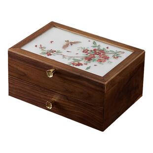 实木刺绣首饰盒中国风新中式复古胡桃木收纳盒盒结婚礼物饰品盒