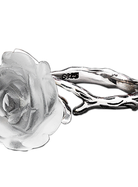 水晶玫瑰花朵森系纯银复古戒指食