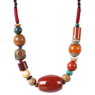 民族风异域藏族项链复古彩石波西米亚配饰绳女士颈链藏式吊坠蜜蜡