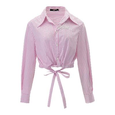 诱货粉白条纹系带短款复古衬衫