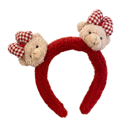 可爱小熊红色毛绒发箍洗脸专用~