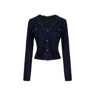 MELINDA LI【杜维埃】法式小香风粗花呢流苏修身针织开衫半裙套装