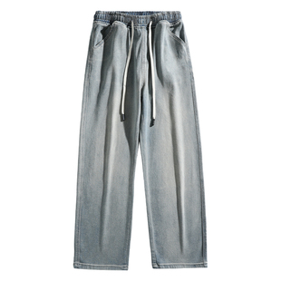 马切达新款美式宽松阔腿牛仔裤男款抽绳直筒长裤垂感休闲裤子春季