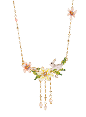 原创设计灰色兔子花朵流苏坠项链