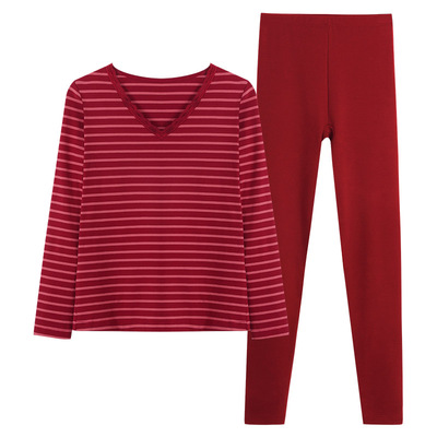 红色纯棉秋衣秋裤套装女7A抗菌