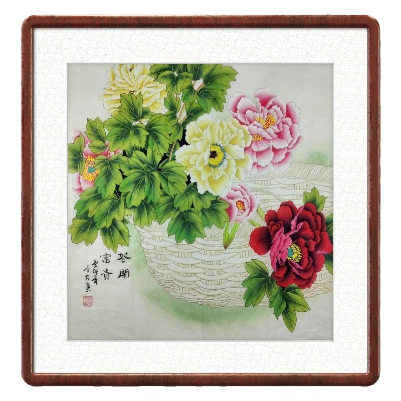 手工手绘装饰画工笔画牡丹鸡国画
