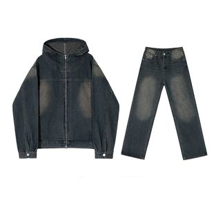MRCYC复古做旧直筒牛仔裤男士春款连帽牛仔夹克韩系时尚牛仔套装
