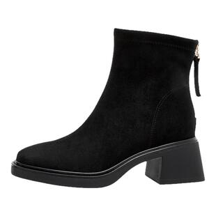 羊京绒马丁靴女内增高方头粗跟后拉链复古瘦瘦短靴小码32 33 34