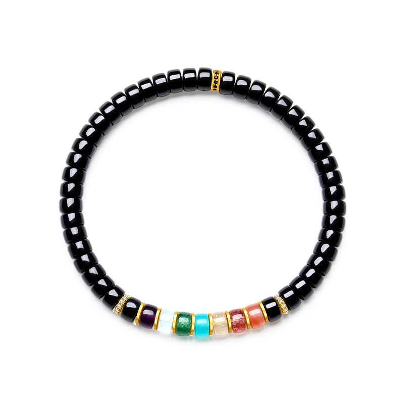 天然黑碧玺彩虹石药片手串男女同款水晶手链直切珠子串珠手镯手饰