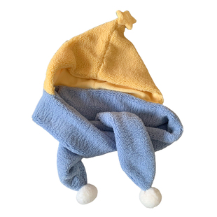 可爱黄色星星羊羔毛绒针织帽子围巾一体女冬季保暖连帽防寒护耳帽