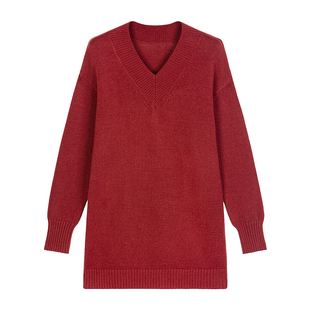 【清仓特价】显白车厘子红色V领毛衣女宽松慵懒风中长款套头上衣
