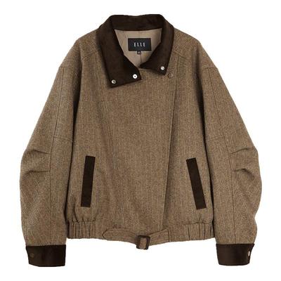 ELLE拼接咖色灯芯绒廓形短外套