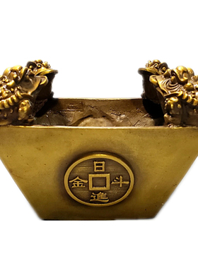 黄铜四方纳财日进斗金摆件金蟾斗