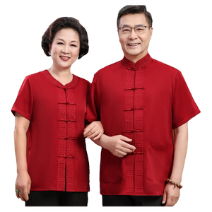 老人桑蚕丝唐装男短袖中老年爷爷奶奶过寿情侣婚礼服爸爸生日夏装