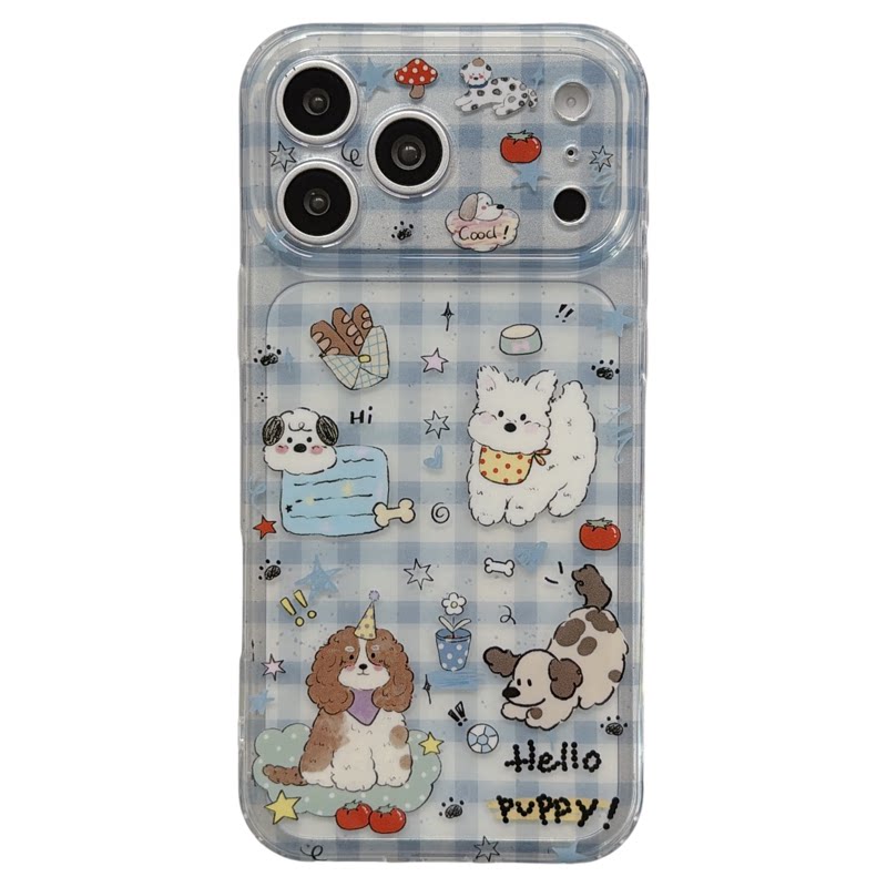 jze ins风蓝格纹可爱卡通狗狗带链条适用苹果17ProMax手机壳iphone15新款16promax女款17pro双层14防摔手机套