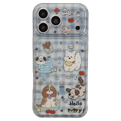 jze ins风蓝格纹可爱卡通狗狗带链条适用苹果17ProMax手机壳iphone15新款16promax女款17pro双层14防摔手机套