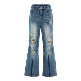 梁拌泡菜原创国潮幽灵火焰破洞直筒洗水做旧牛仔裤男女设计感小众