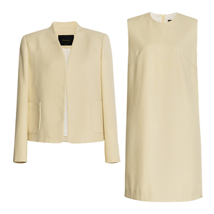 罗衣知性温柔黄色亮丝套装女早春端庄大气外套连衣裙两件套13260