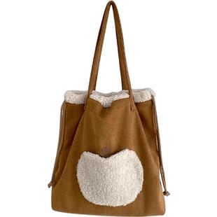 复古麂皮绒可爱刺绣单肩包苹果束口包翻毛托特包毛绒女通勤大容量