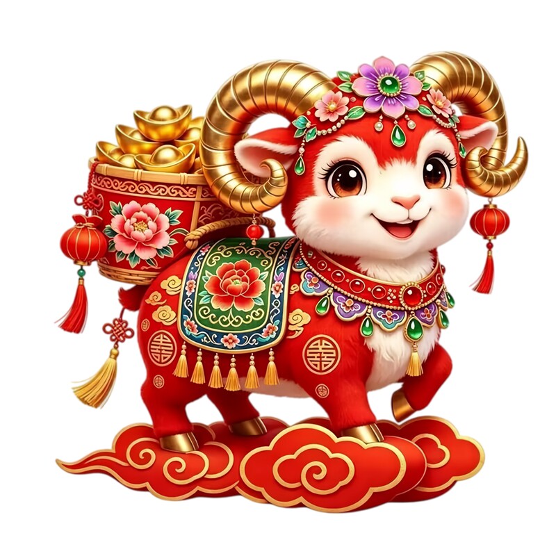 喜庆吉祥福袋小羊墙贴背驮金元宝花篮牡丹灯笼祥云新春装饰贴纸画