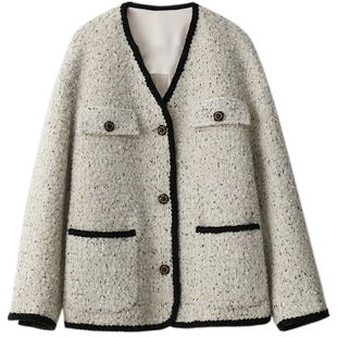 CV大码女装 2025秋冬小香风毛呢外套女复古短款V领粗花呢外套胖mm