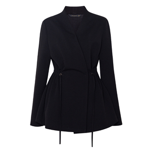 罗衣商务黑色V领针织衫女春季抽绳系带御姐开衫职业收腰上衣13108