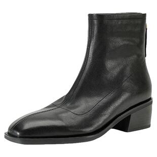 HUSSLOVE 头层牛皮·跟高5CM·秋冬百搭复古女鞋通勤时装粗跟短靴