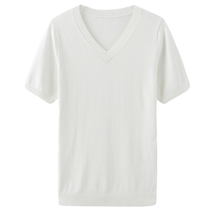 修身高弹力短袖针织衫t恤男半袖毛衣V领纯色体恤打底线衫薄毛线衣