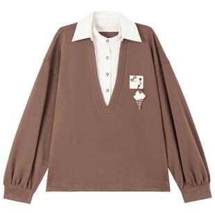 KEIKO 咖色加绒卫衣套装女秋季领假两件拼接polo上衣+卫裤两件套
