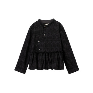 一城画一新款新中式提花抽褶花边下摆中款外套黑色/米白